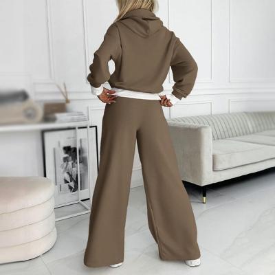 Comfortable Fleece Wide Leg Set for Women with Hooded Long Sleeve Cropped Relaxed Two Piece Style