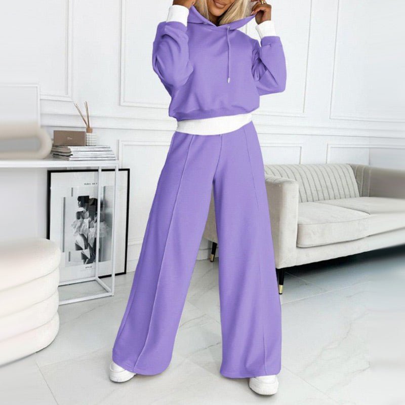 Comfortable Fleece Wide Leg Set for Women with Hooded Long Sleeve Cropped Relaxed Two Piece Style