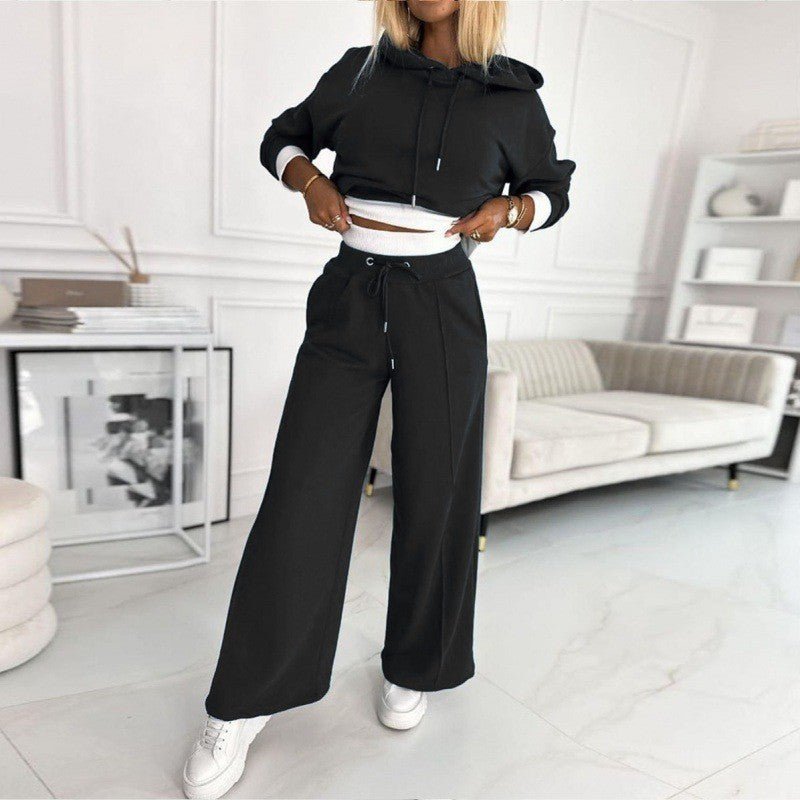 Comfortable Fleece Wide Leg Set for Women with Hooded Long Sleeve Cropped Relaxed Two Piece Style