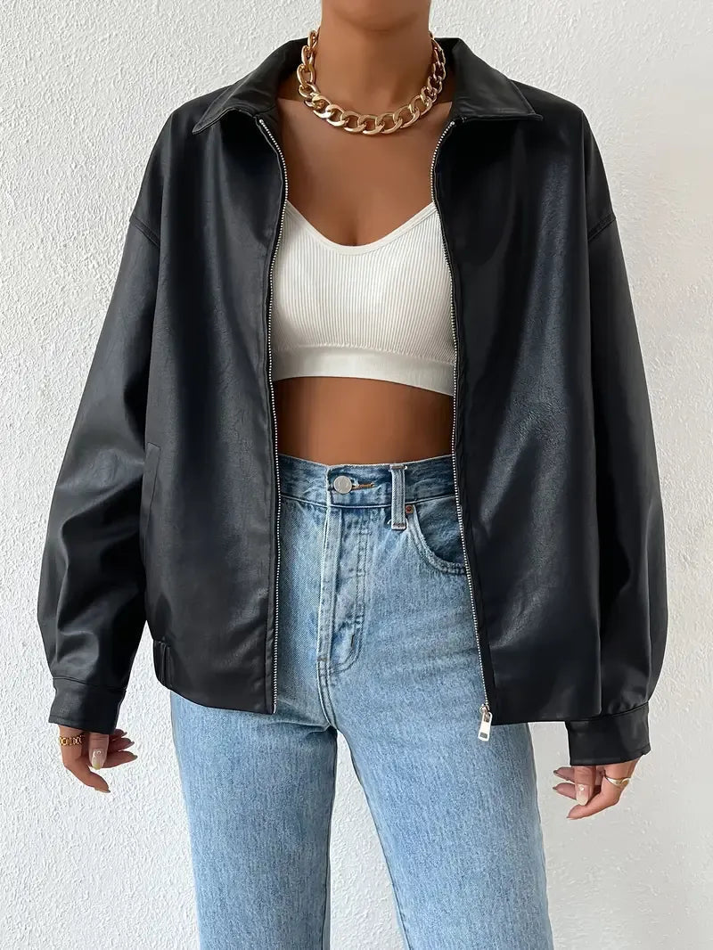 Elegant Black Faux Leather Jacket for Women with Collar Long Sleeve Oversized Relaxed Style