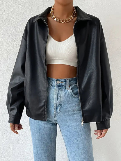 Elegant Black Faux Leather Jacket for Women with Collar Long Sleeve Oversized Relaxed Style