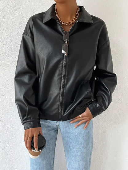 Elegant Black Faux Leather Jacket for Women with Collar Long Sleeve Oversized Relaxed Style