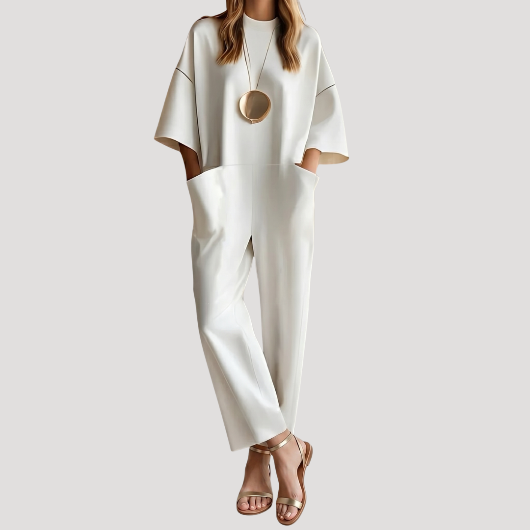 Effortless Jumpsuit for Women with Mock Neck Elbow Sleeve Wide Leg Pocket Relaxed Style