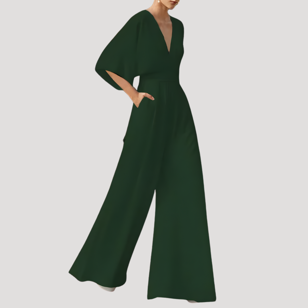 Elegant Wide Leg Jumpsuit for Women with V Neck Flutter Sleeve Pocket Detail Formal Style