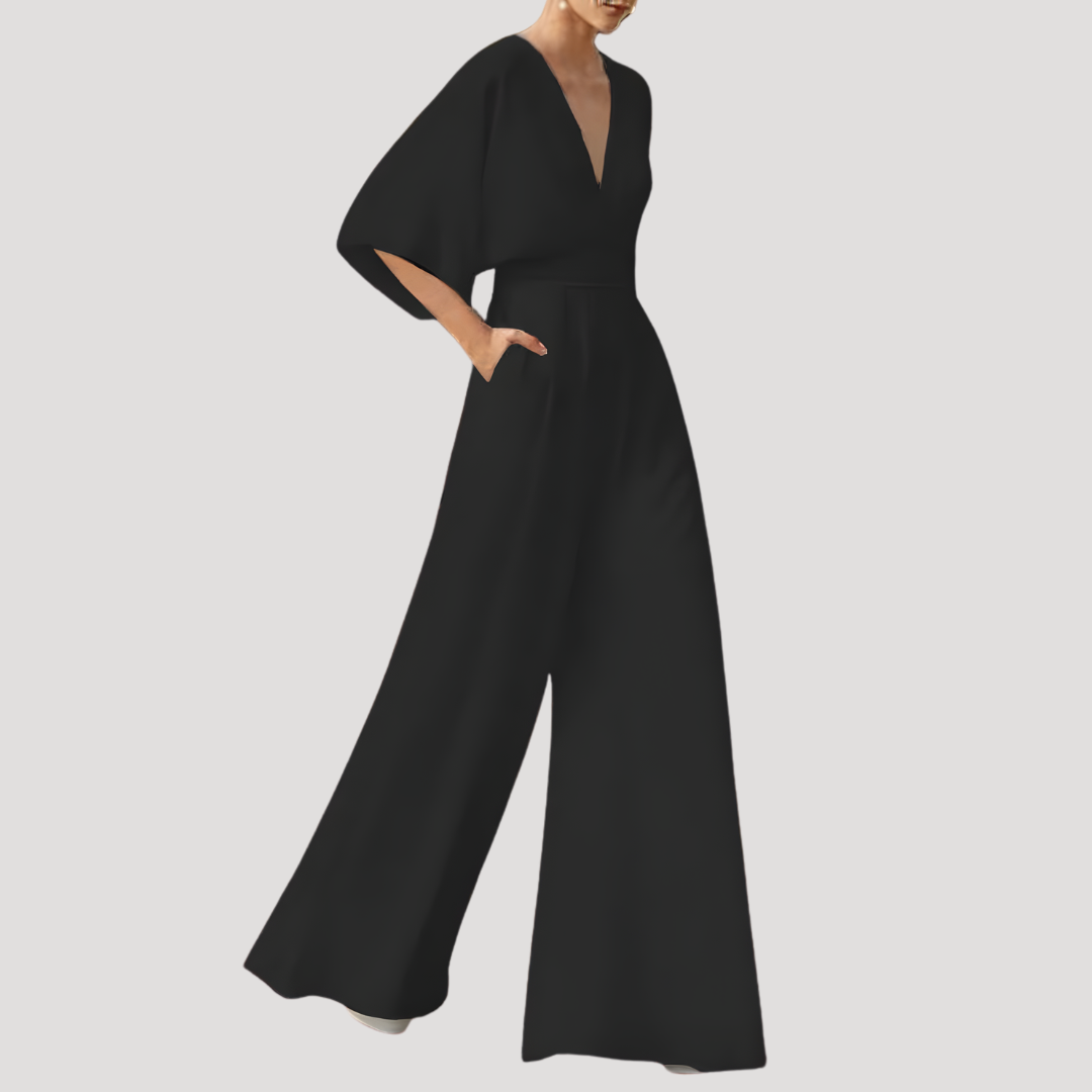 Elegant Wide Leg Jumpsuit for Women with V Neck Flutter Sleeve Pocket Detail Formal Style
