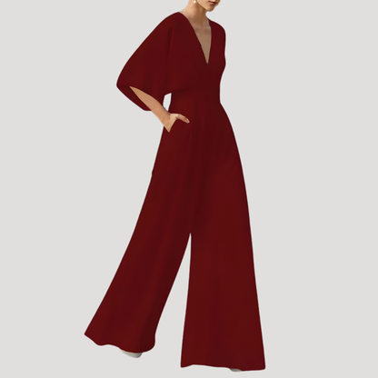 Elegant Wide Leg Jumpsuit for Women with V Neck Flutter Sleeve Pocket Detail Formal Style