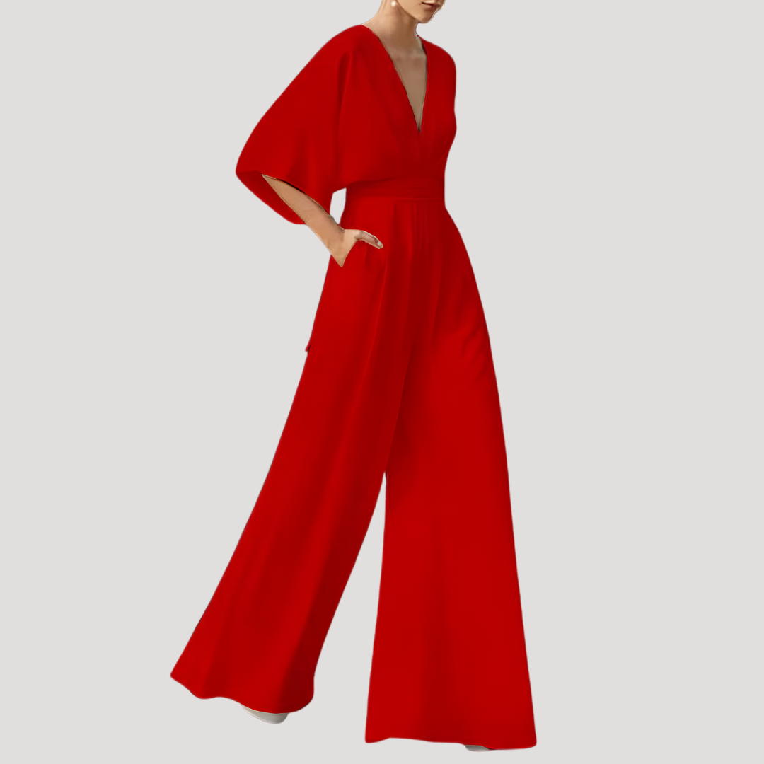 Elegant Wide Leg Jumpsuit for Women with V Neck Flutter Sleeve Pocket Detail Formal Style