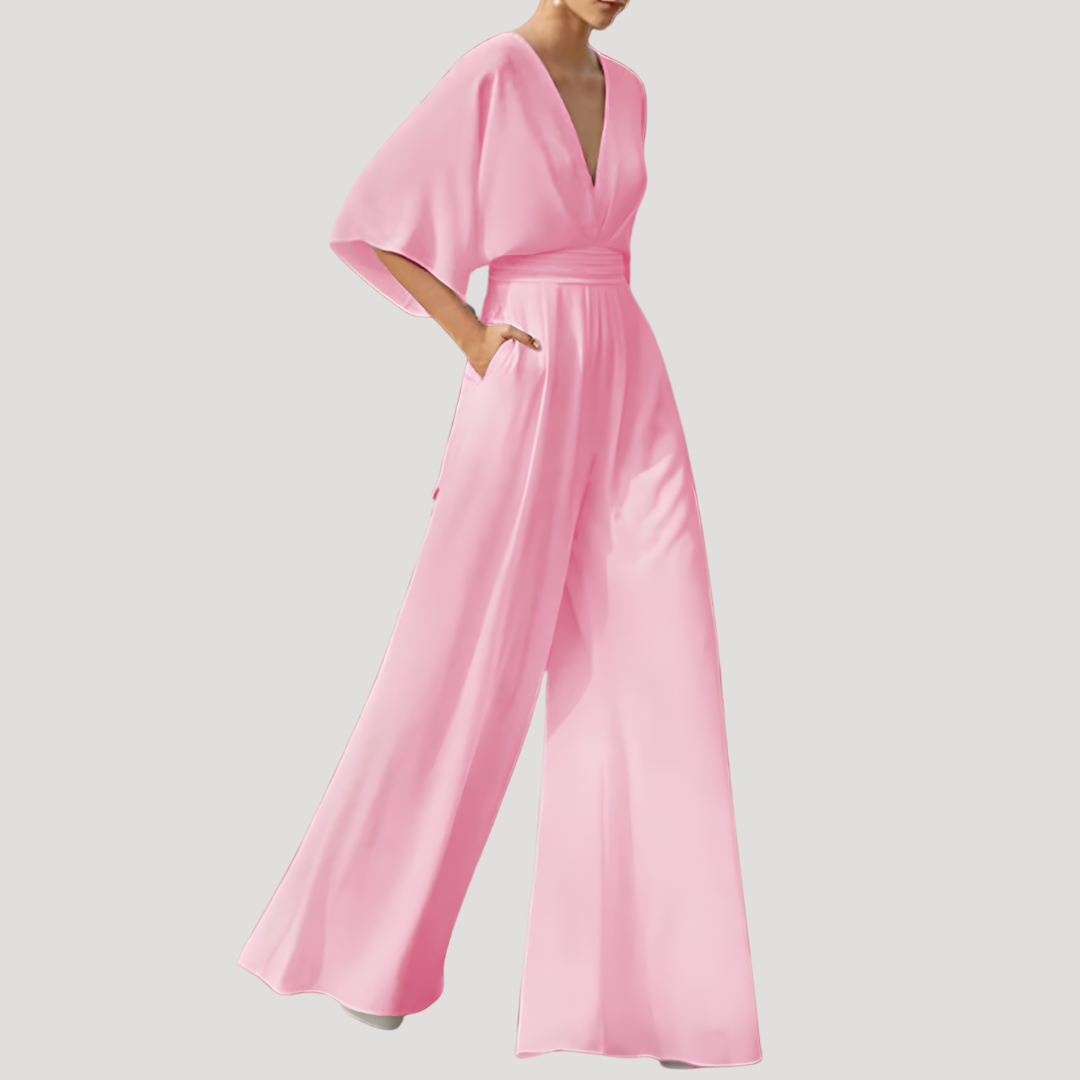 Elegant Wide Leg Jumpsuit for Women with V Neck Flutter Sleeve Pocket Detail Formal Style