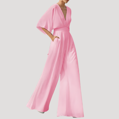 Elegant Wide Leg Jumpsuit for Women with V Neck Flutter Sleeve Pocket Detail Formal Style