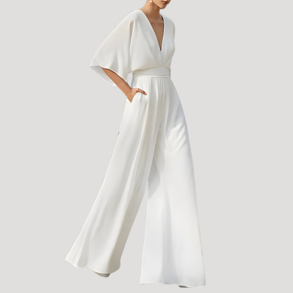 Elegant Wide Leg Jumpsuit for Women with V Neck Flutter Sleeve Pocket Detail Formal Style