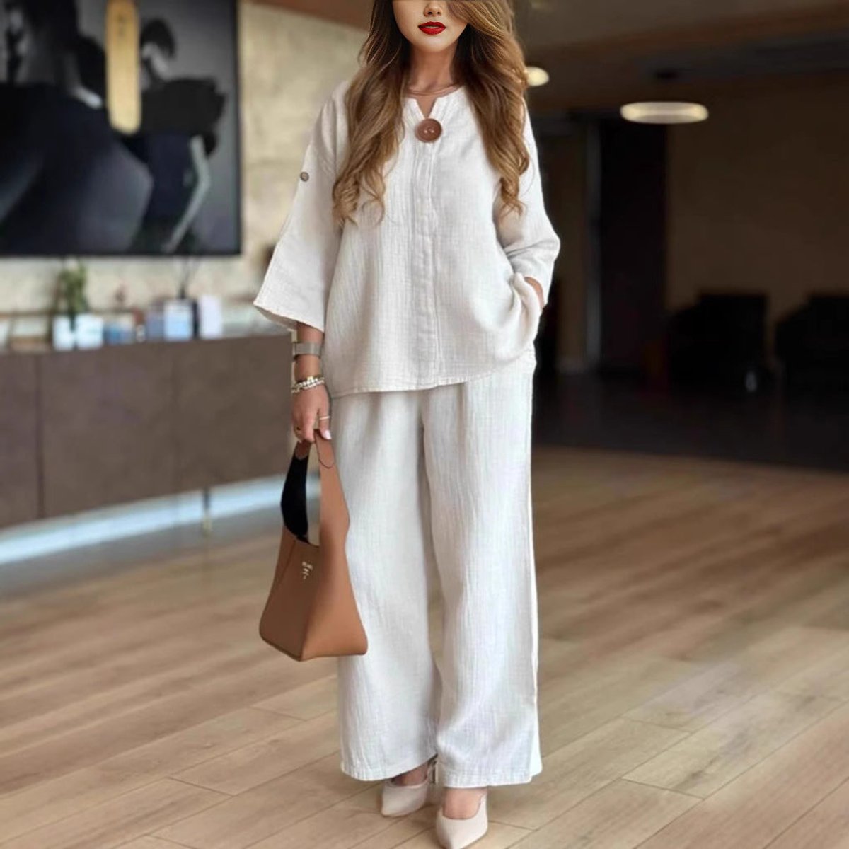 Effortless Linen Wide Leg Set for Women with V Neck Elbow Sleeve Button Front Relaxed Two Piece Style