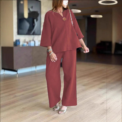 Effortless Linen Wide Leg Set for Women with V Neck Elbow Sleeve Button Front Relaxed Two Piece Style