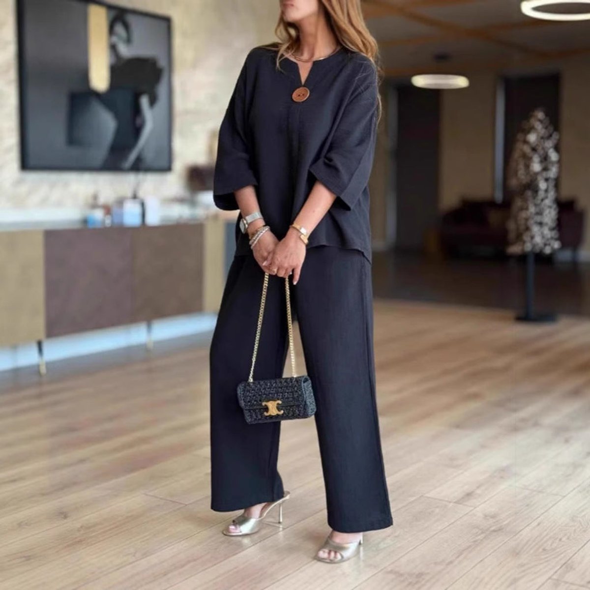 Effortless Linen Wide Leg Set for Women with V Neck Elbow Sleeve Button Front Relaxed Two Piece Style