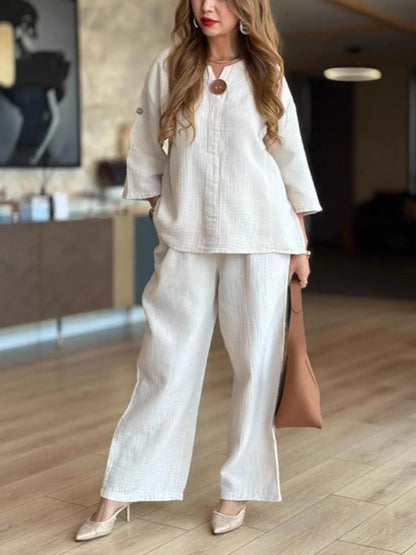 Effortless Linen Wide Leg Set for Women with V Neck Elbow Sleeve Button Front Relaxed Two Piece Style