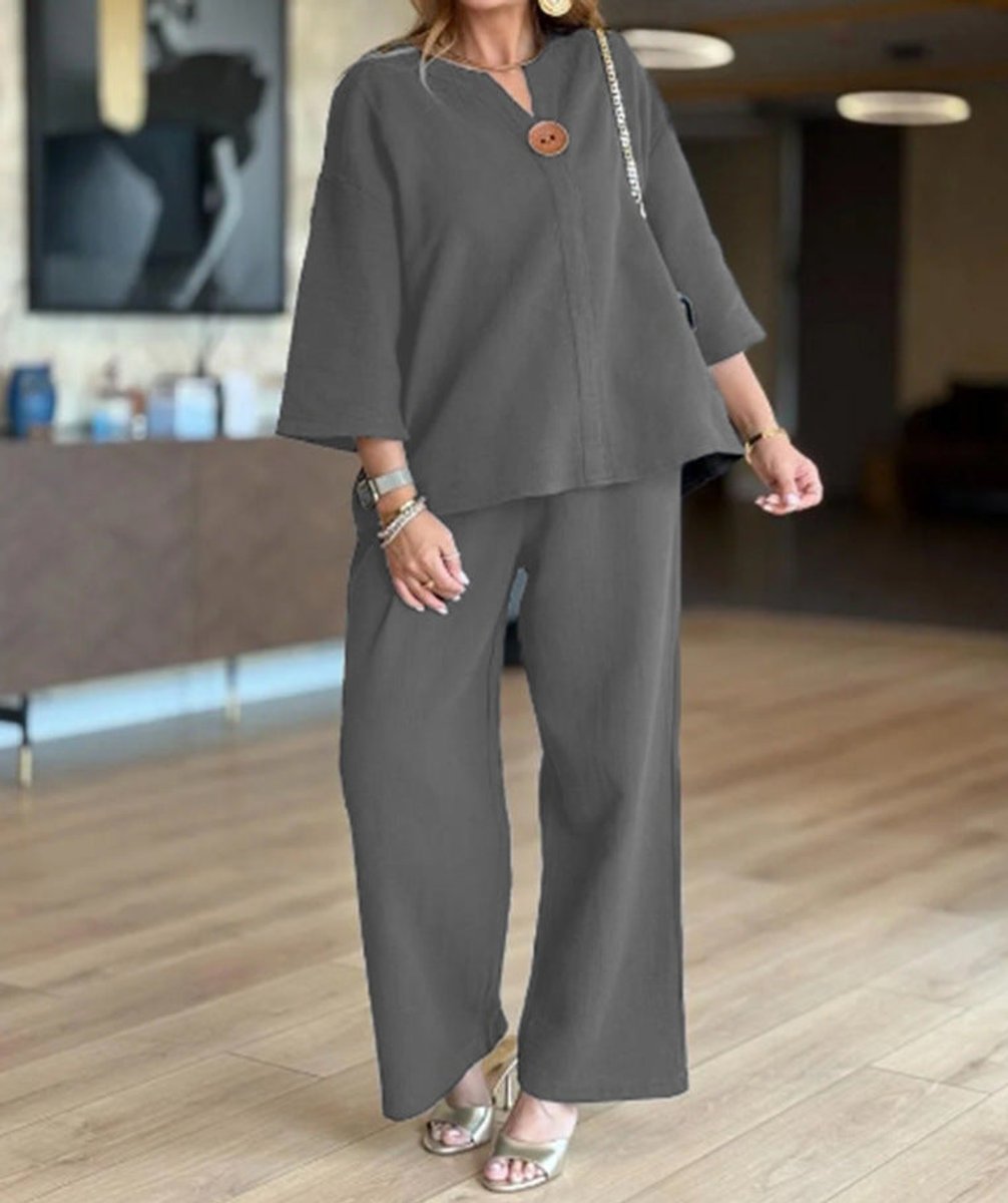 Effortless Linen Wide Leg Set for Women with V Neck Elbow Sleeve Button Front Relaxed Two Piece Style