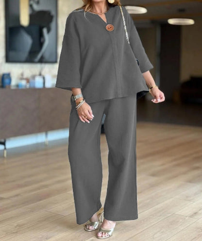 Effortless Linen Wide Leg Set for Women with V Neck Elbow Sleeve Button Front Relaxed Two Piece Style