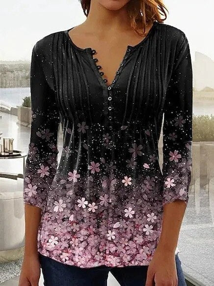 Effortless Floral Blouse for Women with Split Neck Bell Sleeve Button Front Bohemian Style