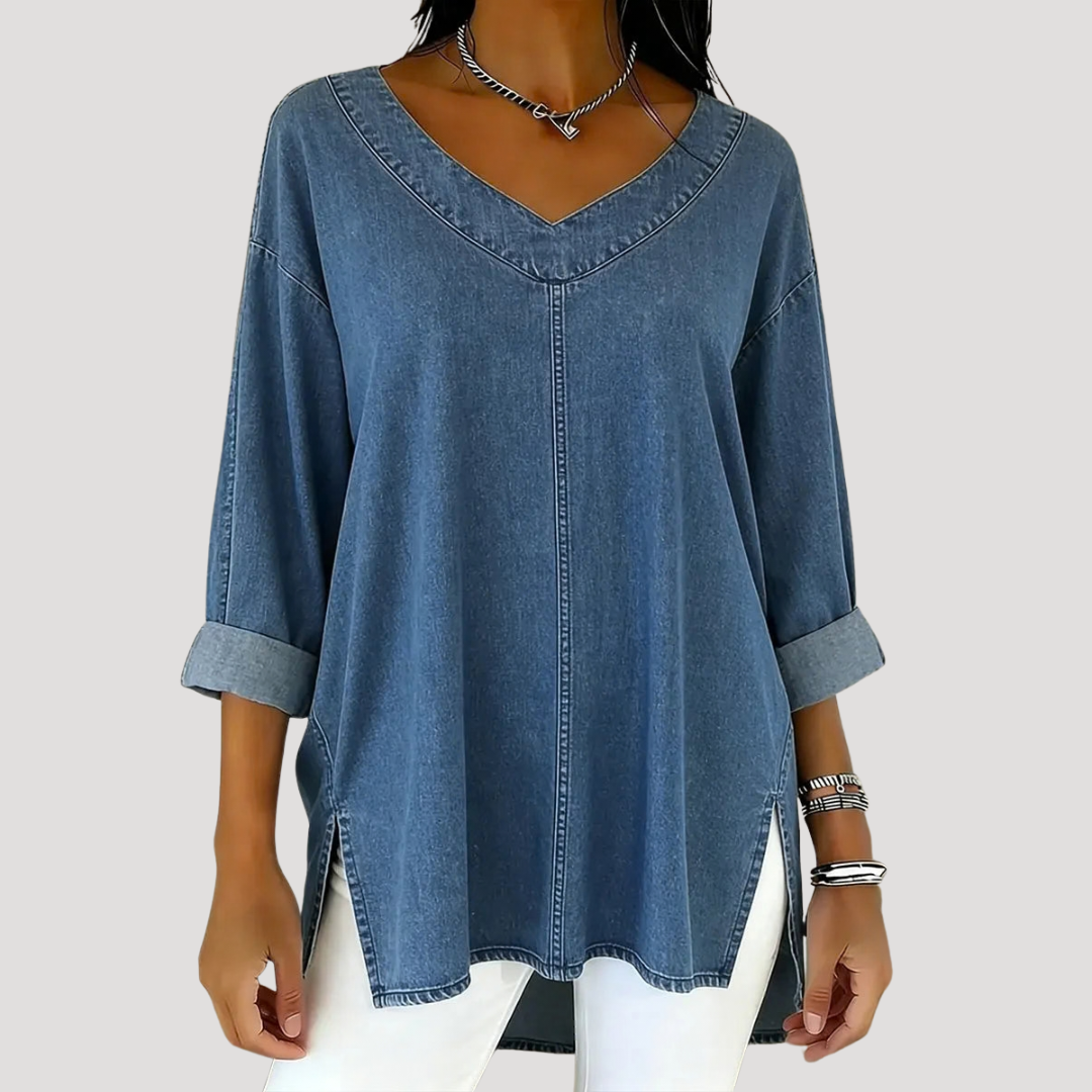 Effortless Denim Tunic Top for Women with V Neck Long Sleeve Oversized Side Slit Casual Style