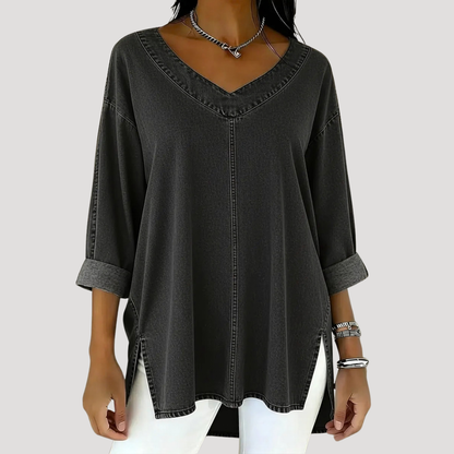 Effortless Denim Tunic Top for Women with V Neck Long Sleeve Oversized Side Slit Casual Style