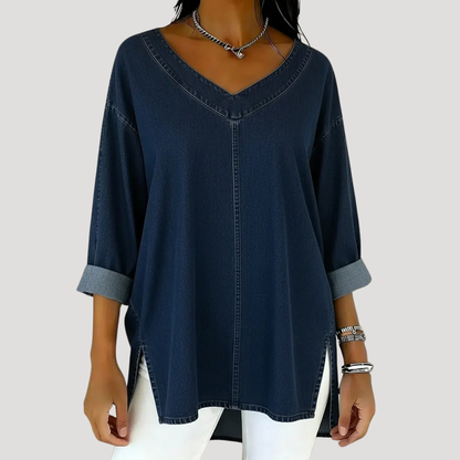 Effortless Denim Tunic Top for Women with V Neck Long Sleeve Oversized Side Slit Casual Style