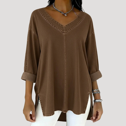 Effortless Denim Tunic Top for Women with V Neck Long Sleeve Oversized Side Slit Casual Style