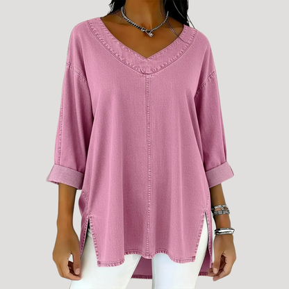 Effortless Denim Tunic Top for Women with V Neck Long Sleeve Oversized Side Slit Casual Style