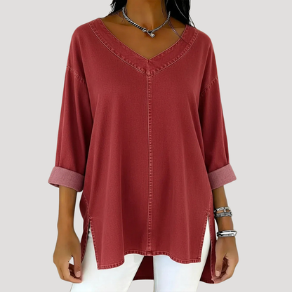 Effortless Denim Tunic Top for Women with V Neck Long Sleeve Oversized Side Slit Casual Style