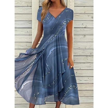 Elegant Marble Print Sequin Midi Dress for Women with V Neck Cap Sleeve Draped Asymmetric Ruffle Wedding Guest Style