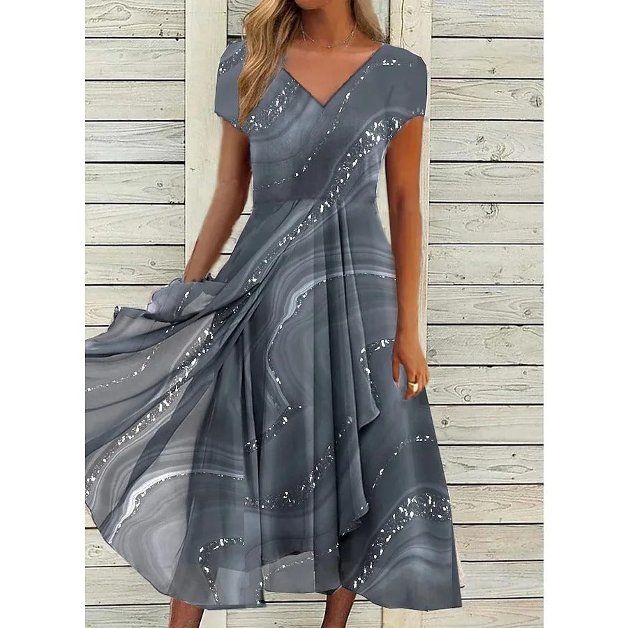 Elegant Marble Print Sequin Midi Dress for Women with V Neck Cap Sleeve Draped Asymmetric Ruffle Wedding Guest Style
