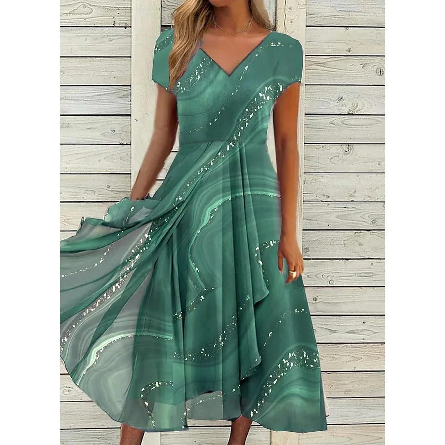 Elegant Marble Print Sequin Midi Dress for Women with V Neck Cap Sleeve Draped Asymmetric Ruffle Wedding Guest Style