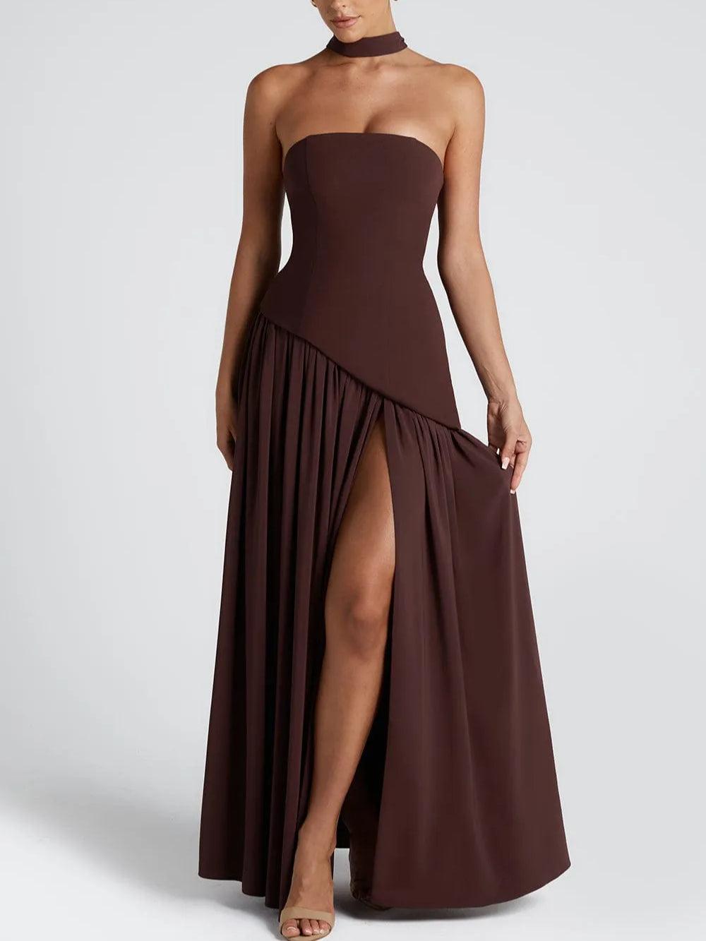 Elegant Draped Maxi Dress for Women with Strapless High Slit Asymmetric Ruched Formal Wedding Guest Style