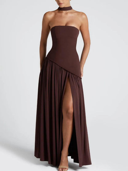Elegant Draped Maxi Dress for Women with Strapless High Slit Asymmetric Ruched Formal Wedding Guest Style