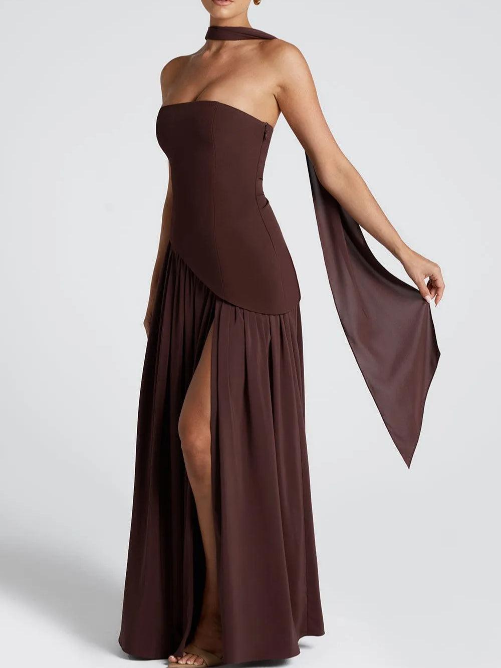 Elegant Draped Maxi Dress for Women with Strapless High Slit Asymmetric Ruched Formal Wedding Guest Style