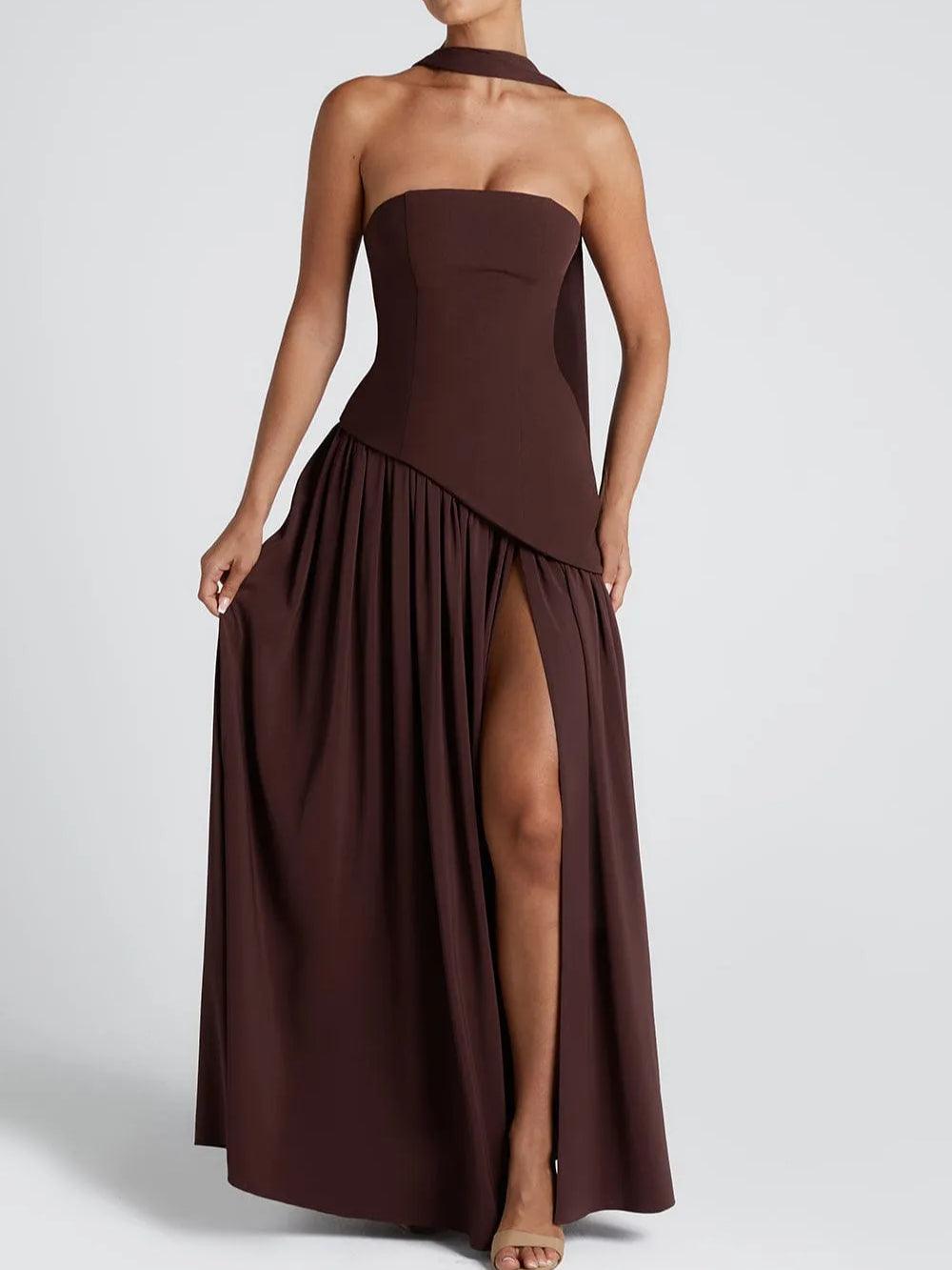 Elegant Draped Maxi Dress for Women with Strapless High Slit Asymmetric Ruched Formal Wedding Guest Style