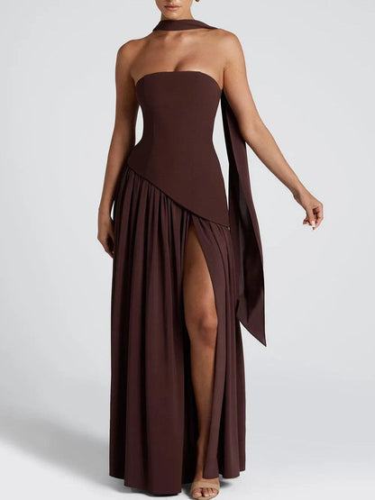 Elegant Draped Maxi Dress for Women with Strapless High Slit Asymmetric Ruched Formal Wedding Guest Style