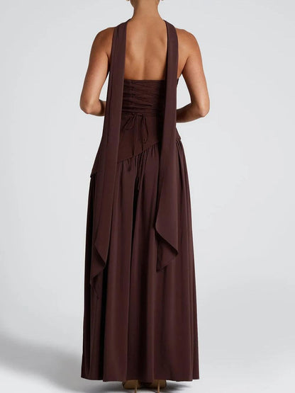 Elegant Draped Maxi Dress for Women with Strapless High Slit Asymmetric Ruched Formal Wedding Guest Style