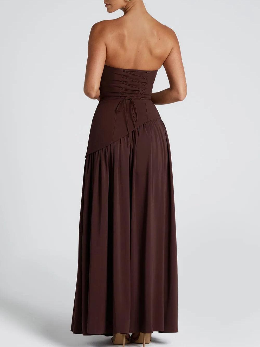 Elegant Draped Maxi Dress for Women with Strapless High Slit Asymmetric Ruched Formal Wedding Guest Style