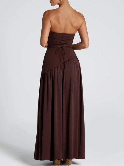 Elegant Draped Maxi Dress for Women with Strapless High Slit Asymmetric Ruched Formal Wedding Guest Style