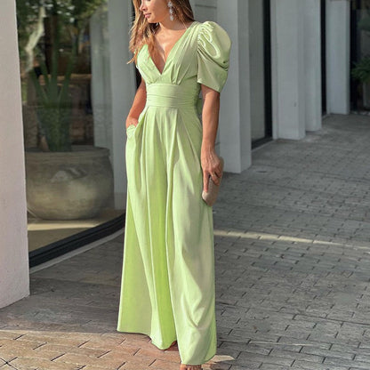 Elegant Puff Sleeve Maxi Dress for Women with V Neck Pleated Waist Wide Leg Formal Wedding Guest Style