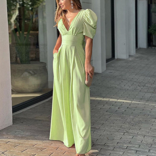 Elegant Puff Sleeve Maxi Dress for Women with V Neck Pleated Waist Wide Leg Formal Wedding Guest Style