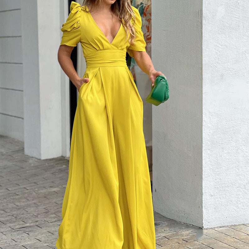 Elegant Puff Sleeve Maxi Dress for Women with V Neck Pleated Waist Wide Leg Formal Wedding Guest Style