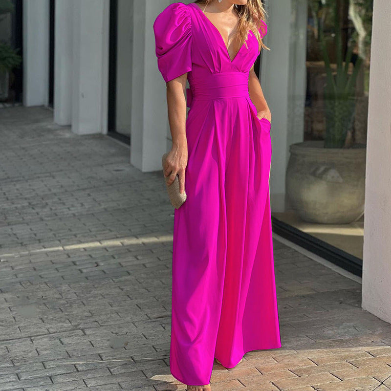 Elegant Puff Sleeve Maxi Dress for Women with V Neck Pleated Waist Wide Leg Formal Wedding Guest Style