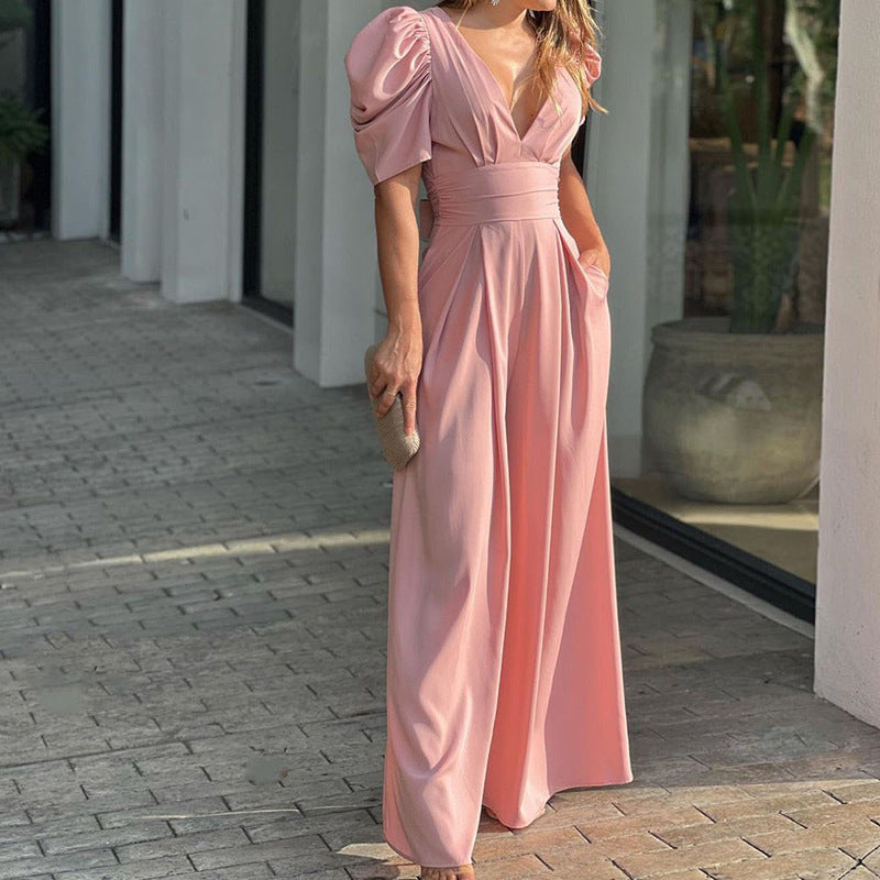 Elegant Puff Sleeve Maxi Dress for Women with V Neck Pleated Waist Wide Leg Formal Wedding Guest Style