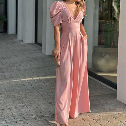Elegant Puff Sleeve Maxi Dress for Women with V Neck Pleated Waist Wide Leg Formal Wedding Guest Style