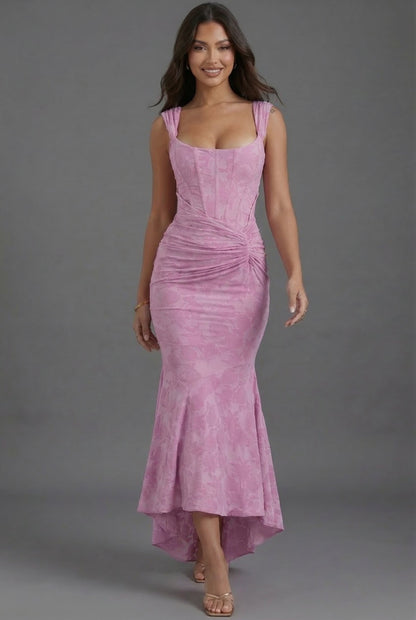 Elegant Pink Lace Maxi Dress for Women with Square Neck Ruched Bodice Mermaid Hem Formal Wedding Guest Style