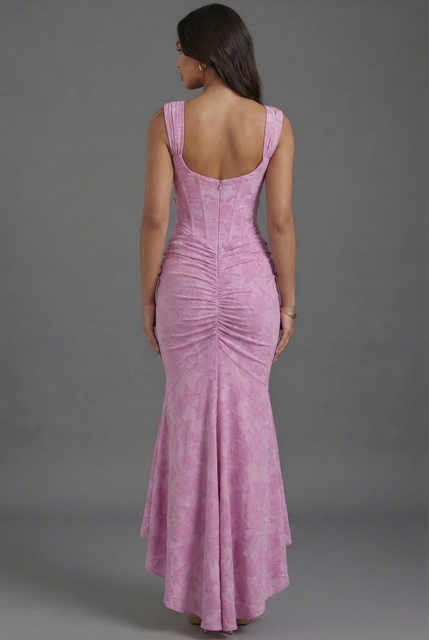 Elegant Pink Lace Maxi Dress for Women with Square Neck Ruched Bodice Mermaid Hem Formal Wedding Guest Style