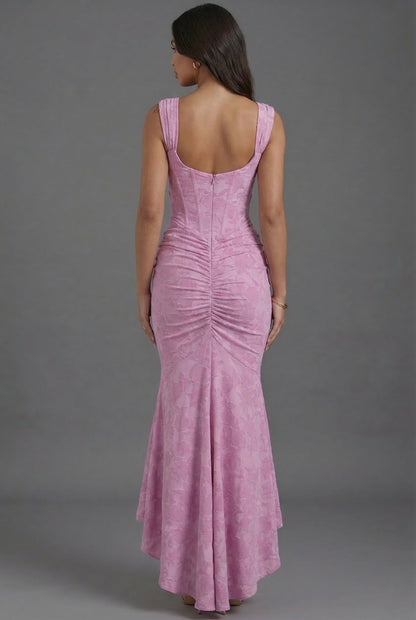 Elegant Pink Lace Maxi Dress for Women with Square Neck Ruched Bodice Mermaid Hem Formal Wedding Guest Style