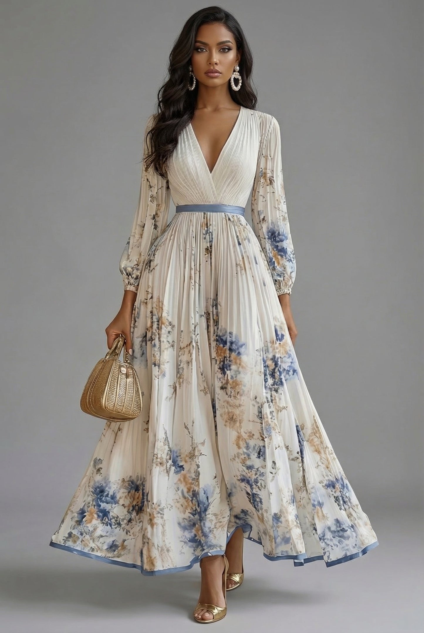 Elegant Floral Maxi Dress for Women with V Neck Long Sleeve Full Skirt Formal Wedding Guest Style