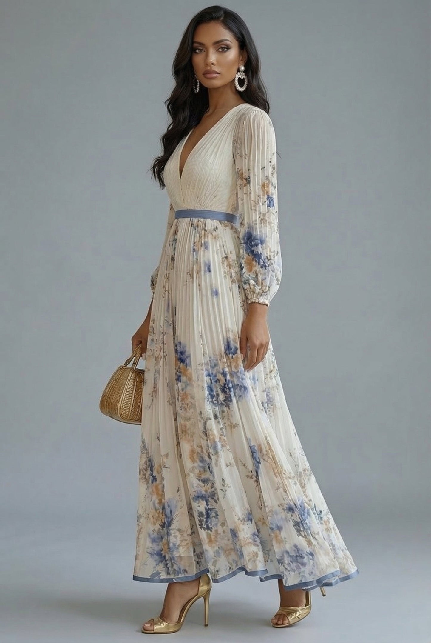 Elegant Floral Maxi Dress for Women with V Neck Long Sleeve Full Skirt Formal Wedding Guest Style