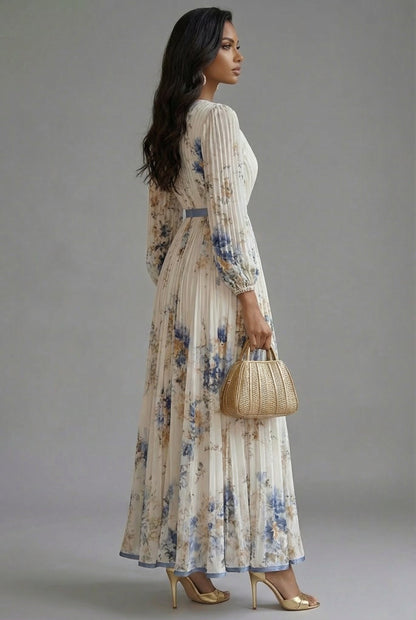 Elegant Floral Maxi Dress for Women with V Neck Long Sleeve Full Skirt Formal Wedding Guest Style